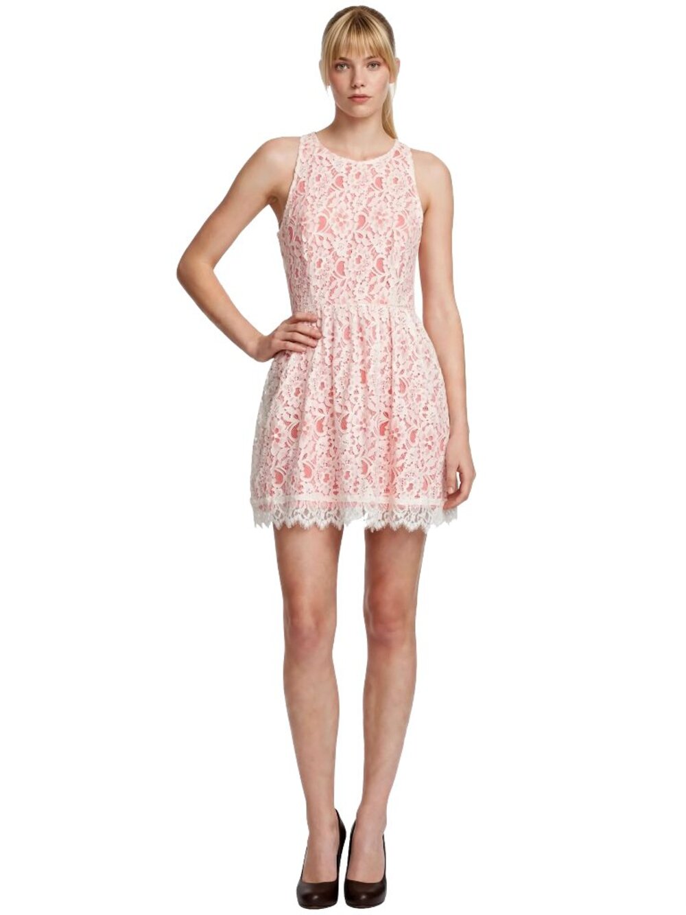 TOPSHOP Dress Ivory All Over Lace Overlay Coral Lining Racer Back Fit & Flare